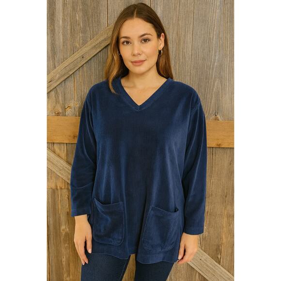 Vintage Jennifer Moore navy blue velour pocket lounge sweater comfy warm sz M + - Picture 2 of 6